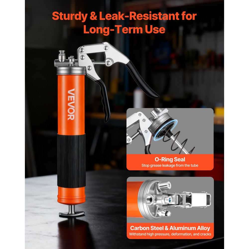 VEVOR Grease Gun, 8000 PSI High Pressure, Heavy Duty Pistol Grip Grease Gun Kit with 14 oz Capacity, Includes 18-Inch Flex Hose, 1 Extension Rigid Pipe and 1 Sharp Type Nozzle for Automotive, Marine
