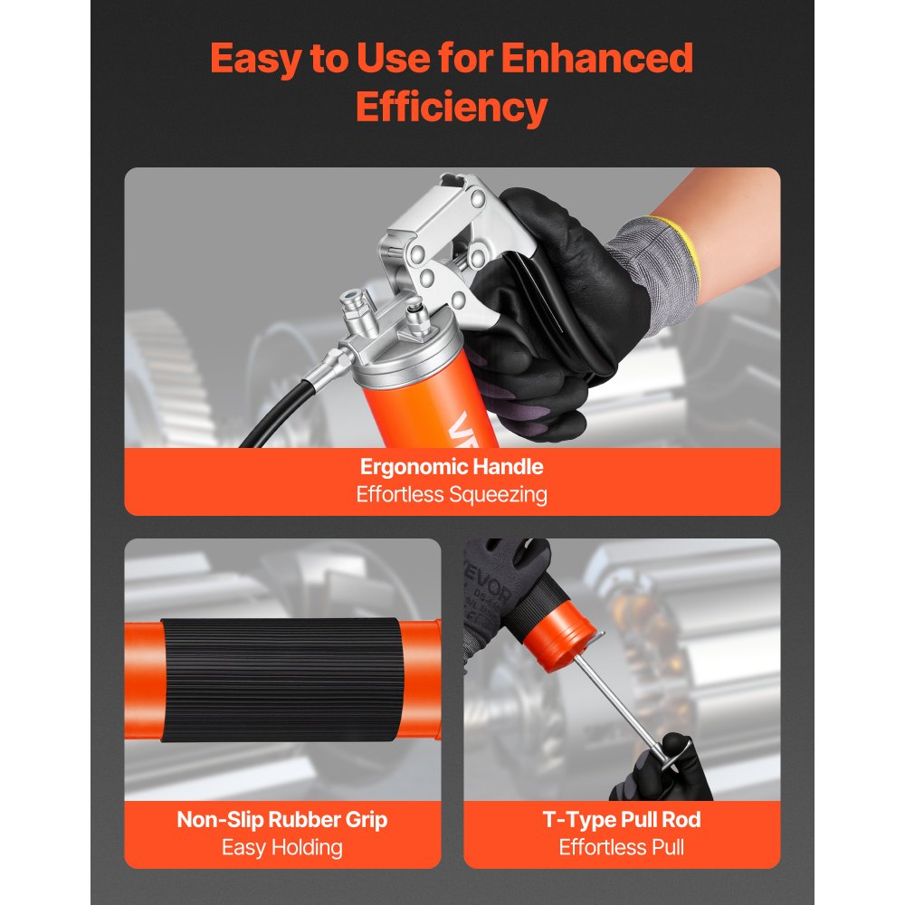VEVOR Grease Gun, 8000 PSI High Pressure, Heavy Duty Pistol Grip Grease Gun Kit with 14 oz Capacity, Includes 18-Inch Flex Hose, 1 Extension Rigid Pipe and 1 Sharp Type Nozzle for Automotive, Marine