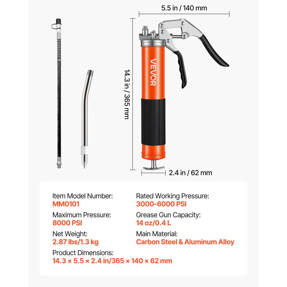 VEVOR Grease Gun, 8000 PSI High Pressure, Heavy Duty Pistol Grip Grease Gun Kit with 14 oz Capacity, Includes 18-Inch Flex Hose, 1 Extension Rigid Pipe and 1 Sharp Type Nozzle for Automotive, Marine