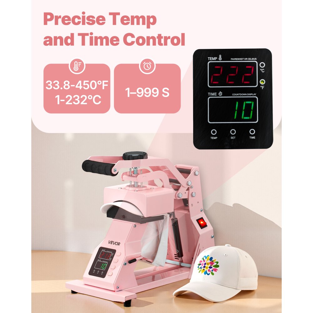 VEVOR Hat Heat Press Machine, with 4pcs Interchangeable Platens, Precise Temperature and Time Control, Hat Press for HTV Iron On and Sublimation Projects, for Caps, Headbands, Cuffs, Face Masks, Pink