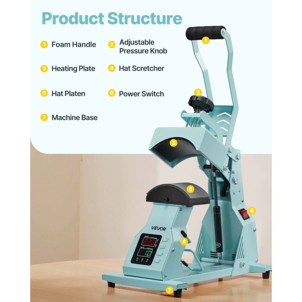 VEVOR Hat Heat Press Machine, with 4pcs Interchangeable Platens, Precise Temperature and Time Control, Hat Press for HTV Iron On and Sublimation Projects, for Caps, Headbands, Cuffs, Face Masks, Green