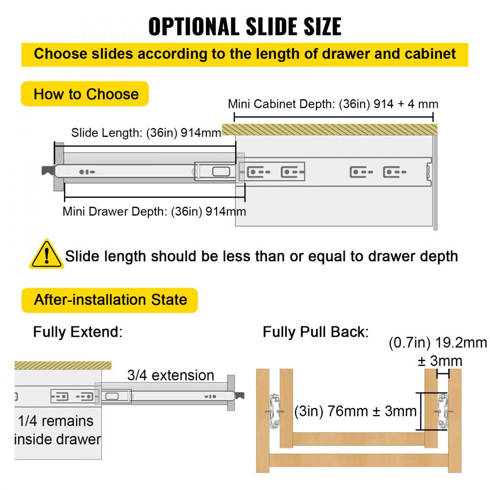 VEVOR Drawer Slides with Lock, 1 Pair 36 inch, Heavy-Duty Industrial Steel up to 500 lbs Capacity, 3-Fold Full Extension, Ball Bearing Lock-in & Lock-Out, Side Mount