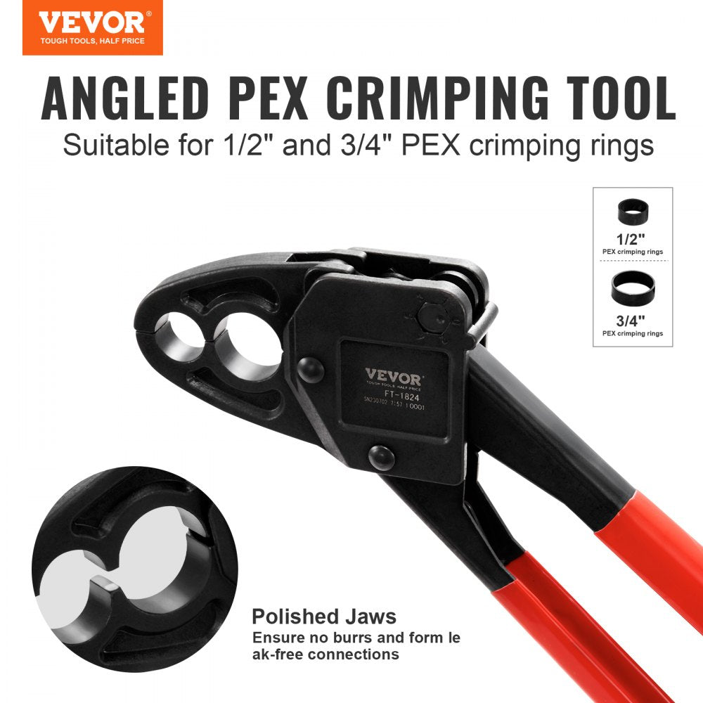 VEVOR PEX Pipe Crimping Tool, Angle Dual Head Combo PEX/PE-RT Crimper for 1/2" and 3/4" Copper Crimp Rings, 30 Copper Crimp Rings, PEX/PE-RT Tubing Cutter, Go/No-Go Gauge, Meets ASTM F1807 Standards