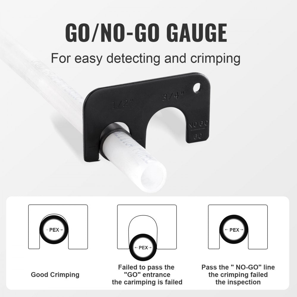 VEVOR PEX Pipe Crimping Tool, Angle Dual Head Combo PEX/PE-RT Crimper for 1/2" and 3/4" Copper Crimp Rings, 30 Copper Crimp Rings, PEX/PE-RT Tubing Cutter, Go/No-Go Gauge, Meets ASTM F1807 Standards