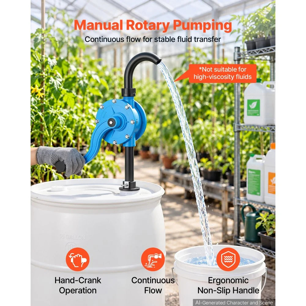 VEVOR Drum Pump 4-6.7 GPM Flow Polypropylene Rotary Barrel Pump Hand Crank, Fits 15 to 55 Gallon Drums, Hand-Operated with Suction Tube, Rapid Transfer of Water, Diesel, Kerosene, Mild Acids & Alkalis