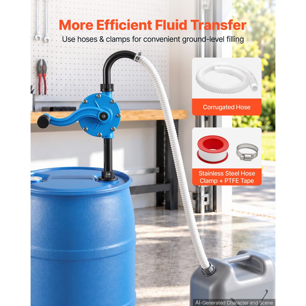 VEVOR Drum Pump 4-6.7 GPM Flow Polypropylene Rotary Barrel Pump Hand Crank, Fits 15 to 55 Gallon Drums, Hand-Operated with Suction Tube, Rapid Transfer of Water, Diesel, Kerosene, Mild Acids & Alkalis