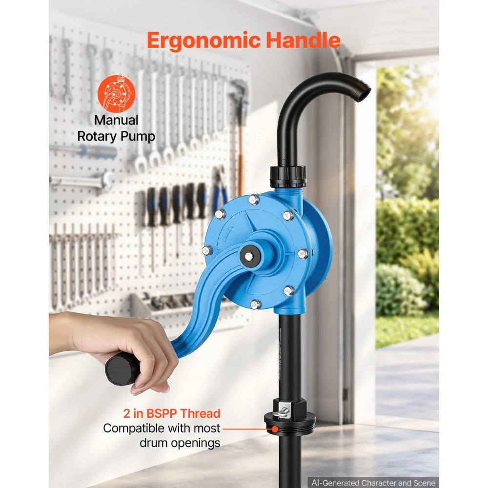 VEVOR Drum Pump 4-6.7 GPM Flow Polypropylene Rotary Barrel Pump Hand Crank, Fits 15 to 55 Gallon Drums, Hand-Operated with Suction Tube, Rapid Transfer of Water, Diesel, Kerosene, Mild Acids & Alkalis