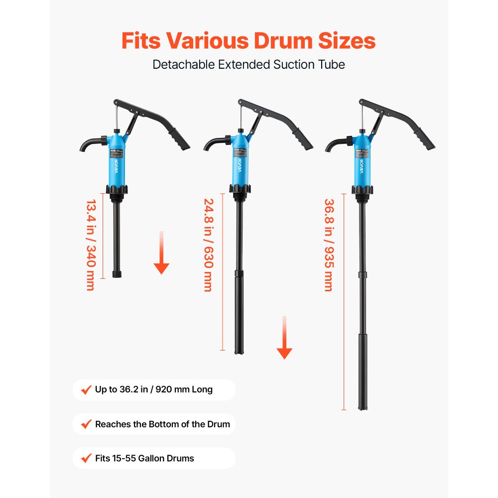 VEVOR Drum Pump 10 oz per Stroke PP Hand Operated DEF Pump Blue + Black, Fits 15 to 55 Gallon Drums & Barrels, with Telescoping Suction Tube, Transfers Water, Diesel, Kerosene, Mild Acids & Alkalis