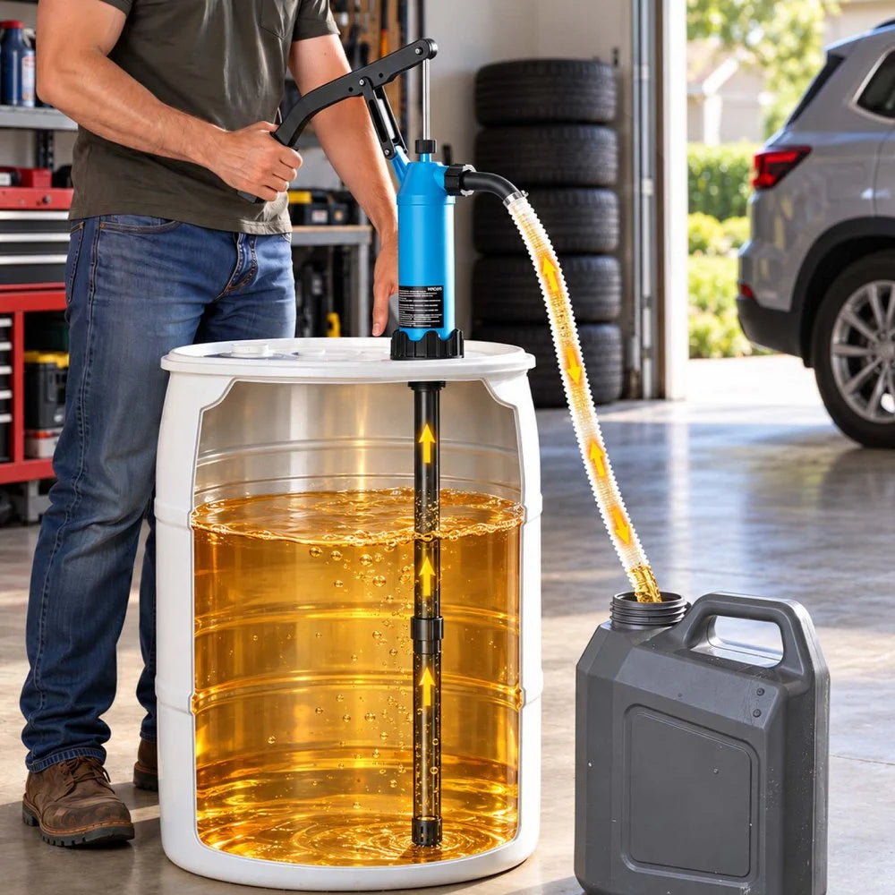 VEVOR Drum Pump 10 oz per Stroke PP Hand Operated DEF Pump Blue + Black, Fits 15 to 55 Gallon Drums & Barrels, with Telescoping Suction Tube, Transfers Water, Diesel, Kerosene, Mild Acids & Alkalis
