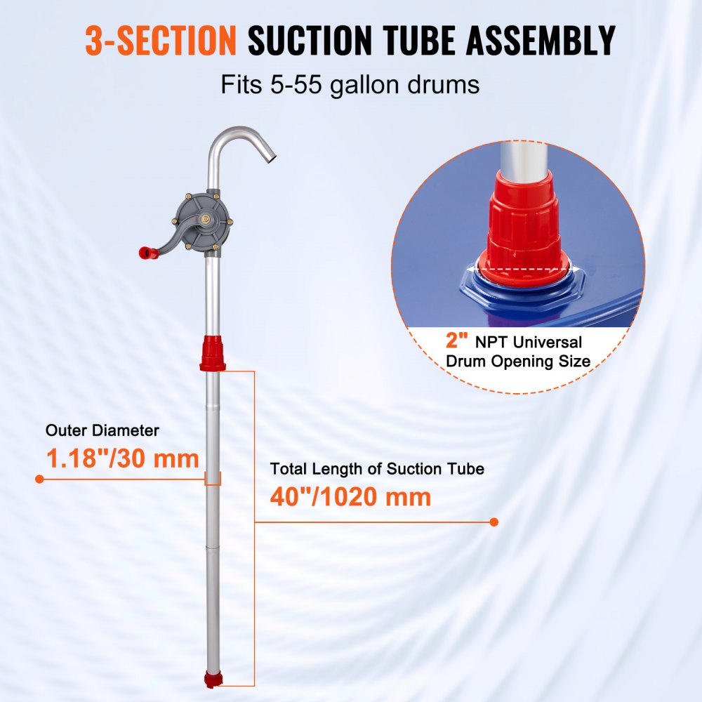 VEVOR Drum Pump, 6 GPM Flow, Rotary Barrel Pump Hand Crank, Fits 5 to 55 Gallon Drums with 3-Section Suction Tube Assembly and Hose, Designed to Transfer Fuel, Oil, Diesel, Kerosene, Aluminum Alloy