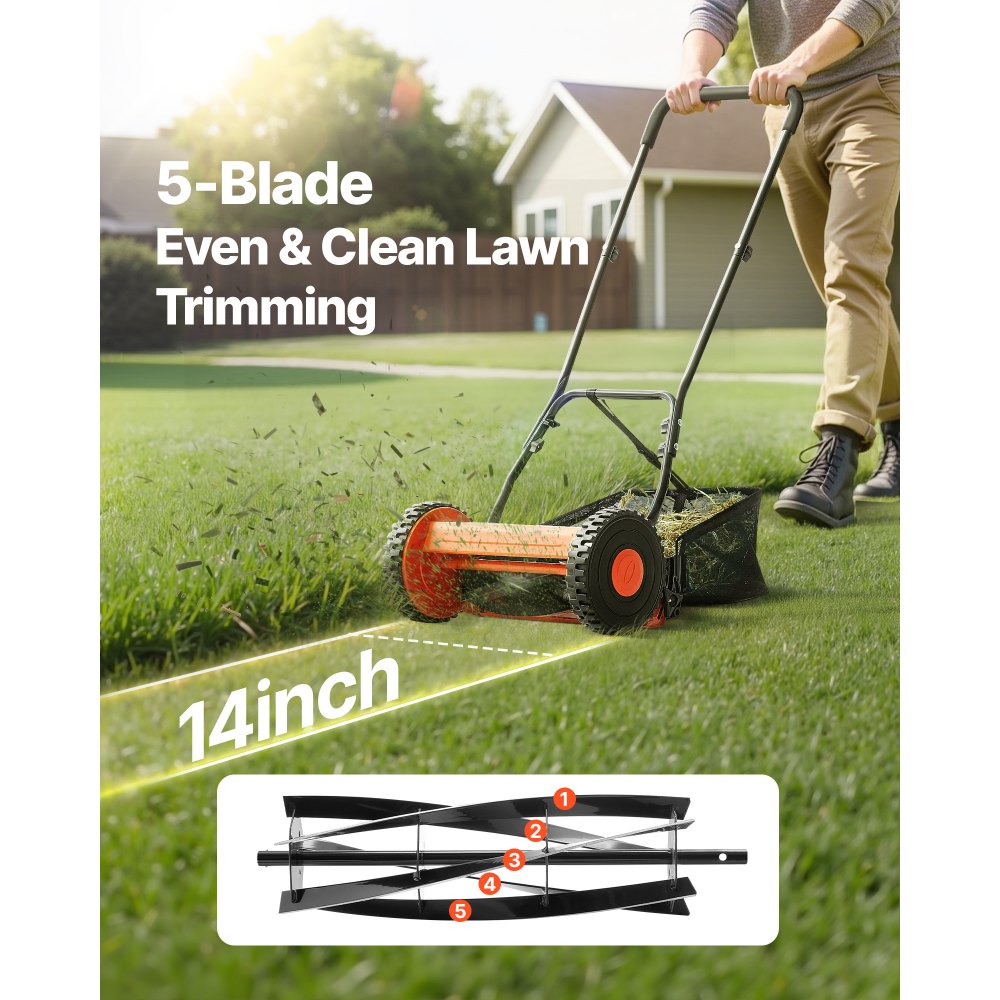 VEVOR Push Reel Lawn Mower 14 inch, 5 Blades Manual Push Mower No Motor, 0.6-1.75 in Adjustable Cutting Height, Walk-Behind Lawn Mowers with Grass Catcher Bag for Green Lawns, Driveways, Courtyards