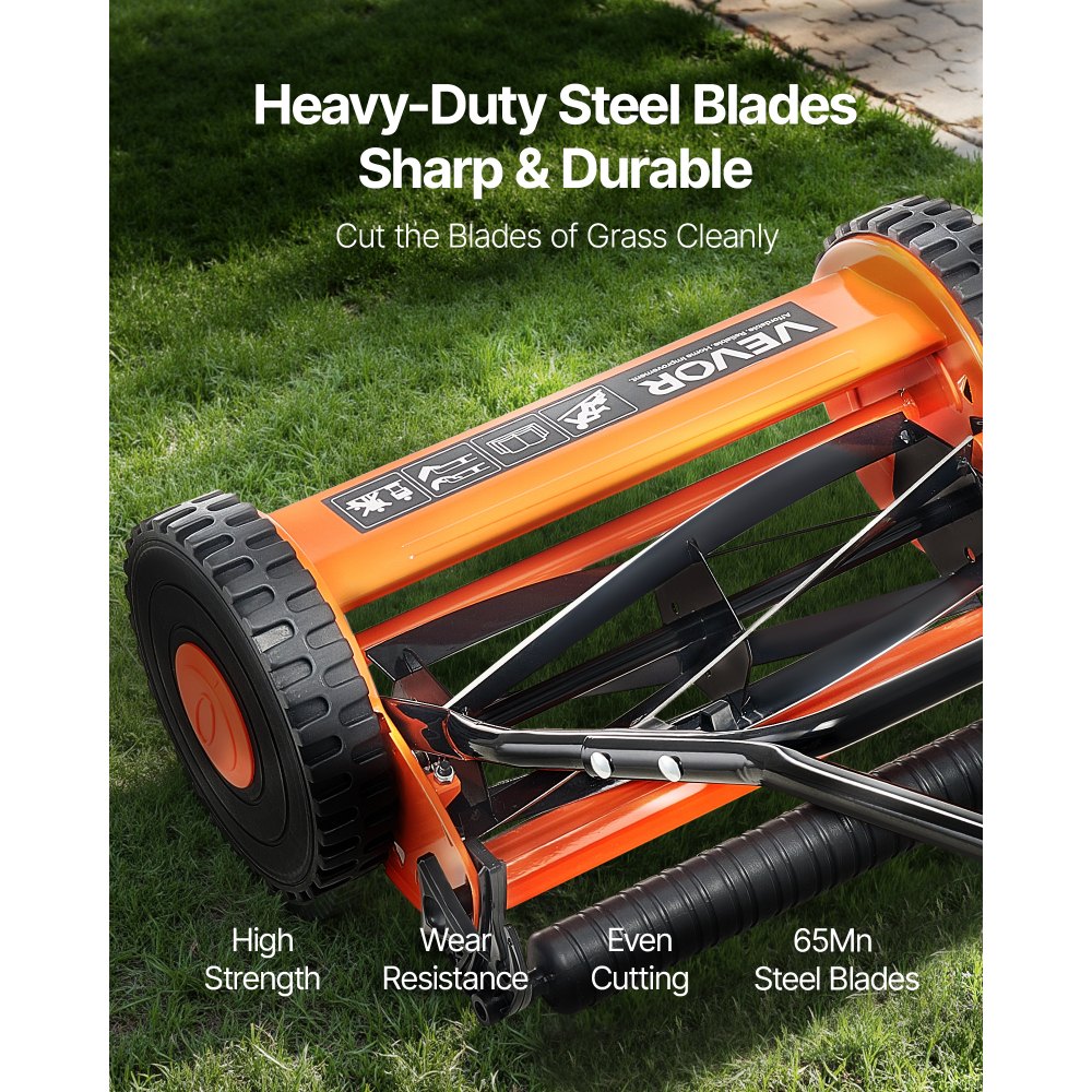 VEVOR Push Reel Lawn Mower 16 inch, 5 Blades Manual Push Mower No Motor, 0.6-1.75 in Adjustable Cutting Height, Walk-Behind Lawn Mowers with Grass Catcher Bag for Green Lawns, Driveways, Courtyards