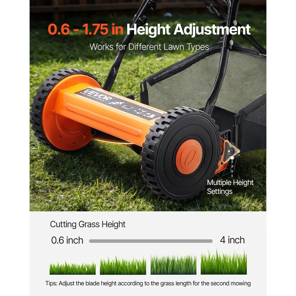 VEVOR Push Reel Lawn Mower 16 inch, 5 Blades Manual Push Mower No Motor, 0.6-1.75 in Adjustable Cutting Height, Walk-Behind Lawn Mowers with Grass Catcher Bag for Green Lawns, Driveways, Courtyards