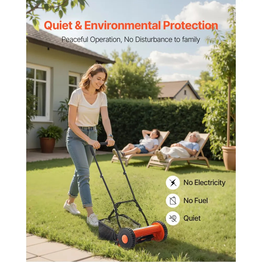 VEVOR Push Reel Lawn Mower 16 inch, 5 Blades Manual Push Mower No Motor, 0.6-1.75 in Adjustable Cutting Height, Walk-Behind Lawn Mowers with Grass Catcher Bag for Green Lawns, Driveways, Courtyards