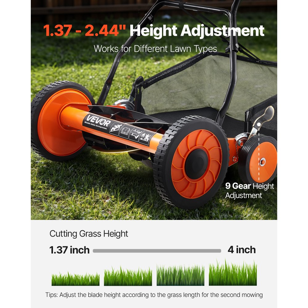 VEVOR Push Reel Lawn Mower 18 inch, 5 Blades Manual Push Mower No Motor, 1.37-2.44 in Adjustable Cutting Height, Walk-Behind Lawn Mowers with Grass Catcher Bag for Green Lawns, Driveways, Courtyards
