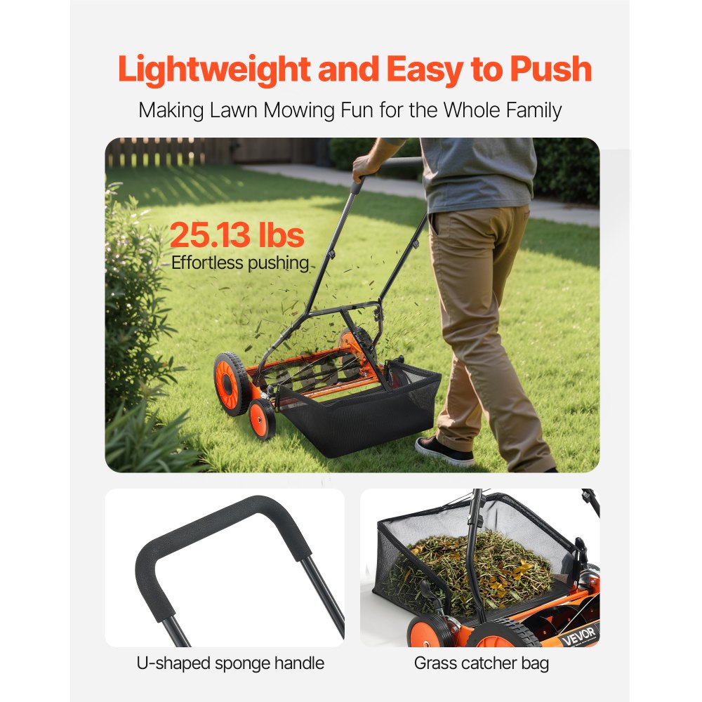 VEVOR Push Reel Lawn Mower 18 inch, 5 Blades Manual Push Mower No Motor, 1.37-2.44 in Adjustable Cutting Height, Walk-Behind Lawn Mowers with Grass Catcher Bag for Green Lawns, Driveways, Courtyards