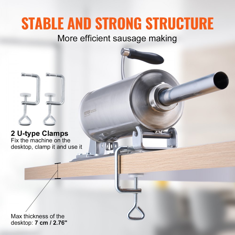 VEVOR Manual Sausage Stuffer, 2.5 L / 6 LBS Horizontal Sausage Machine with U-type Clamp, Made of Food-Grade Stainless Steel, Includes 8 Stuffing Tubes, for Home Kitchen Restaurant Commercial