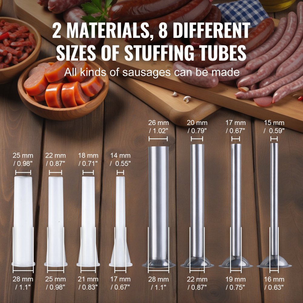 VEVOR Manual Sausage Stuffer, 2.5 L / 6 LBS Horizontal Sausage Machine with U-type Clamp, Made of Food-Grade Stainless Steel, Includes 8 Stuffing Tubes, for Home Kitchen Restaurant Commercial