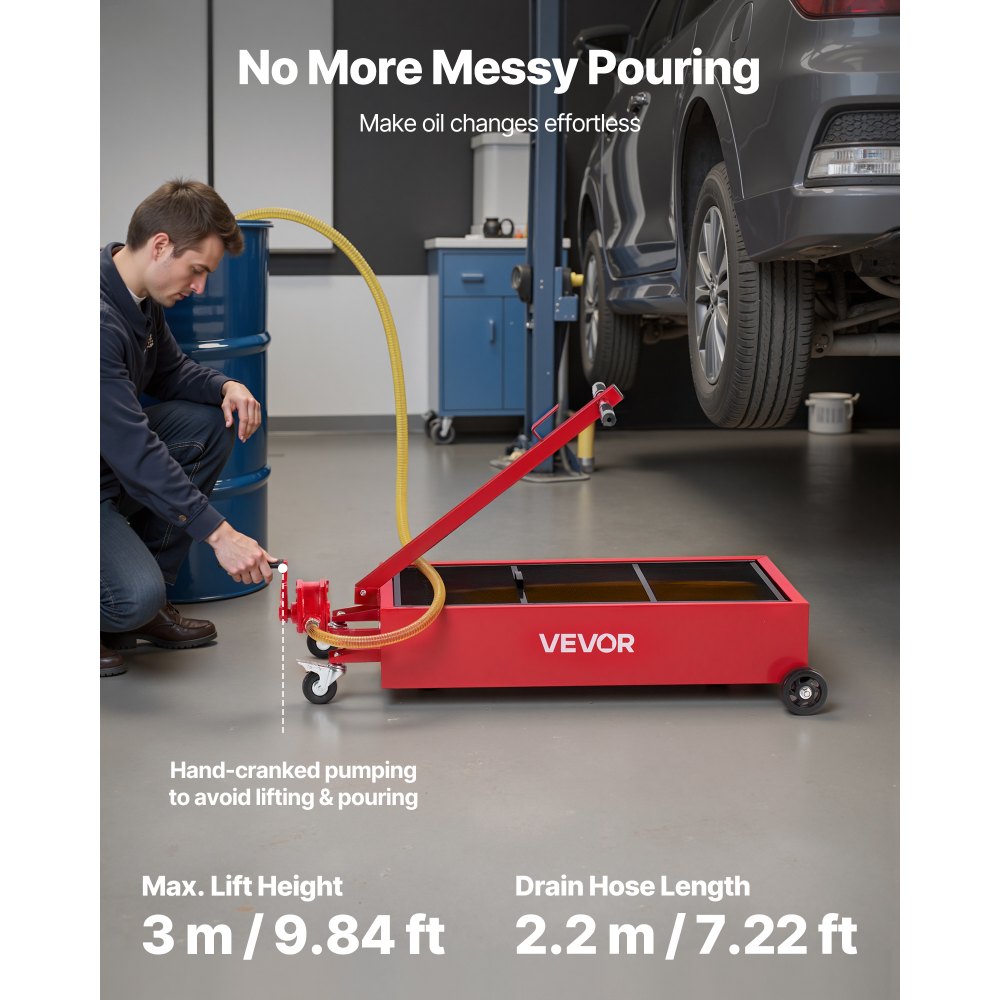 VEVOR Low Profile Oil Drain Pan, 20 Gallon Capacity, Rolling Oil Drain Pan with Manual Pump, 7.2 ft Hose & T Folding Handle, Leak-proof & Corrosion-resistant, Fit for Cars, SUVs, Trucks, ATVs, Red