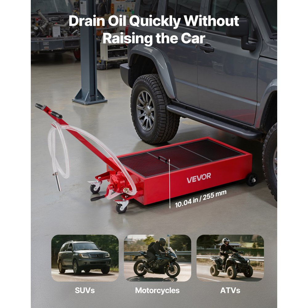 VEVOR Low Profile Oil Drain Pan, 20 Gallon Capacity, Rolling Oil Drain Pan with Manual Pump, 7.2 ft Hose & T Folding Handle, Leak-proof & Corrosion-resistant, Fit for Cars, SUVs, Trucks, ATVs, Red