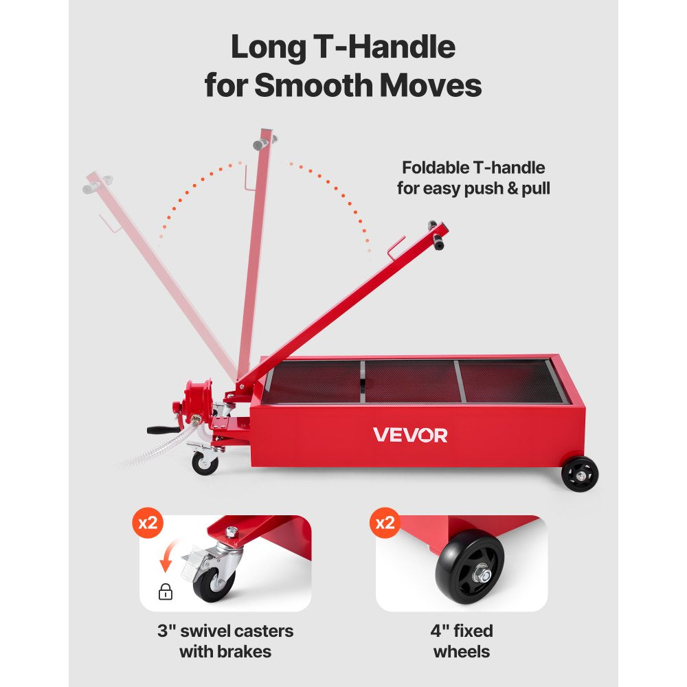VEVOR Low Profile Oil Drain Pan, 20 Gallon Capacity, Rolling Oil Drain Pan with Manual Pump, 7.2 ft Hose & T Folding Handle, Leak-proof & Corrosion-resistant, Fit for Cars, SUVs, Trucks, ATVs, Red