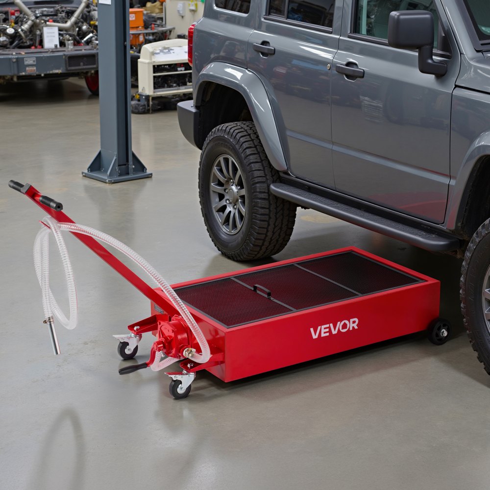 VEVOR Low Profile Oil Drain Pan, 20 Gallon Capacity, Rolling Oil Drain Pan with Manual Pump, 7.2 ft Hose & T Folding Handle, Leak-proof & Corrosion-resistant, Fit for Cars, SUVs, Trucks, ATVs, Red
