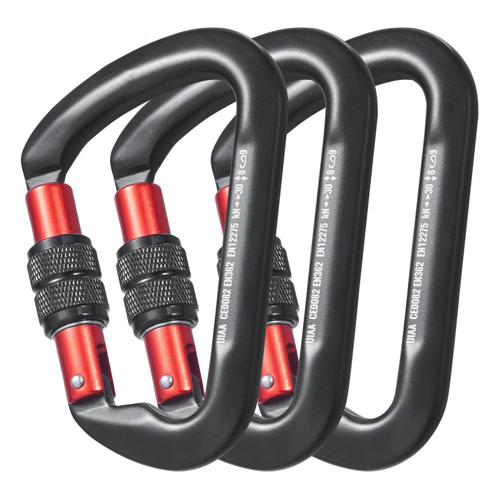 VEVOR Climbing Carabiner Clips, 3 PCS Heavy Duty Caribiner, Professional 30 KN / 6744 lbs Spindle Strength, Large D-Shaped for Hiking,Rappelling,Rescue,Dog Leash,Hammocks, Swings