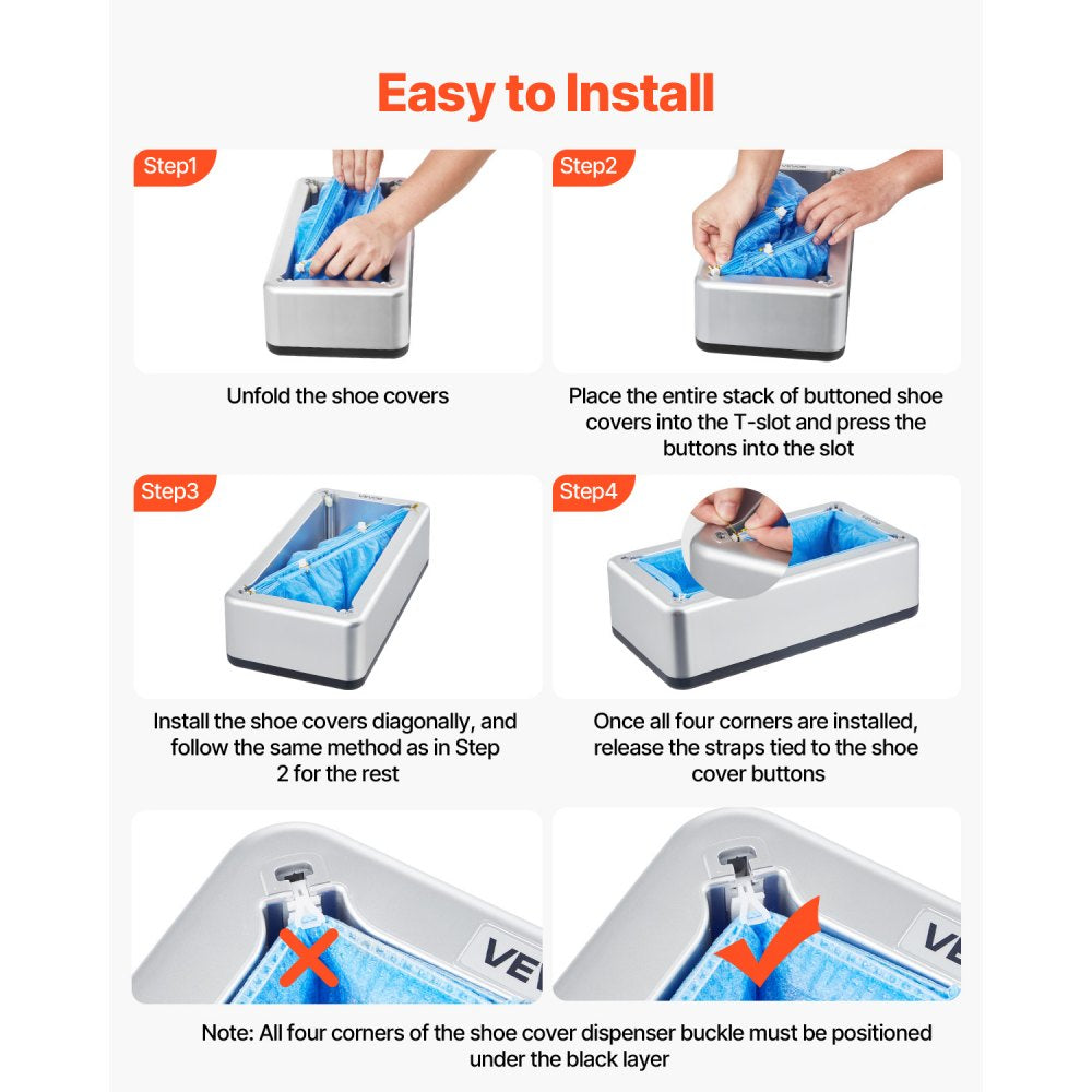 VEVOR Shoe Cover Dispenser, Automatic Shoe Covers Dispenser with 100 Pcs of Non-Slip Disposable Shoes Covers, Fits Size Up to US 11, for Home, Office, Lab, Factory, Hospital, Indoor Use, Silver