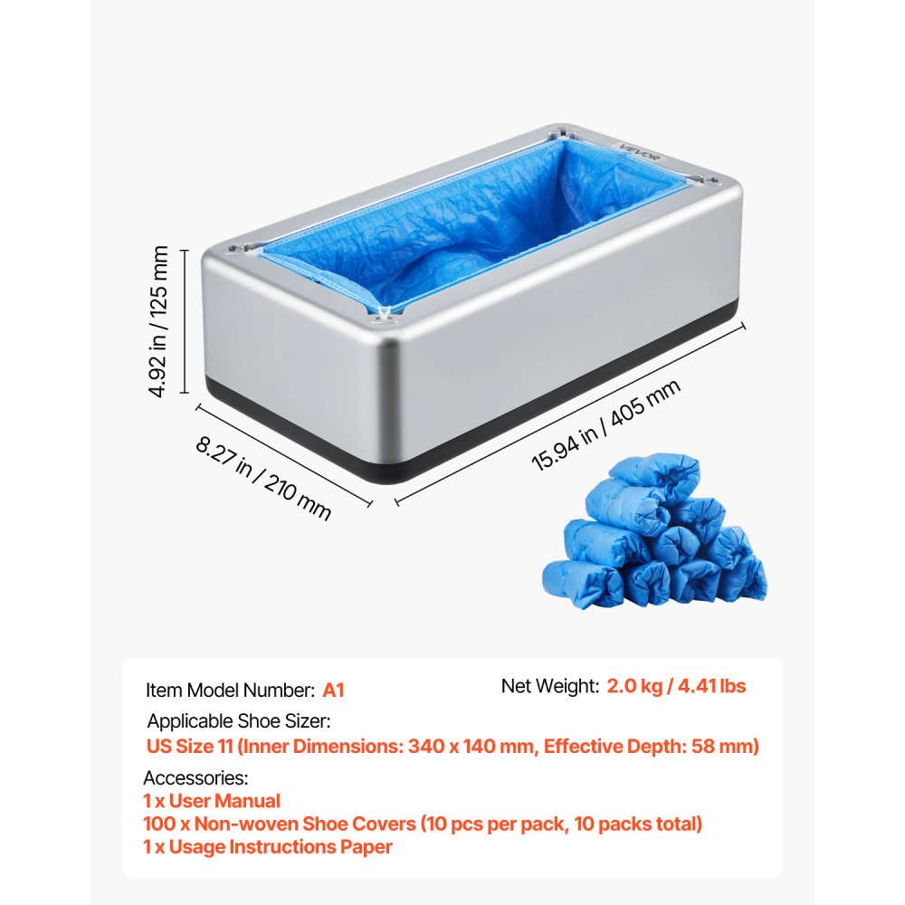 VEVOR Shoe Cover Dispenser, Automatic Shoe Covers Dispenser with 100 Pcs of Non-Slip Disposable Shoes Covers, Fits Size Up to US 11, for Home, Office, Lab, Factory, Hospital, Indoor Use, Silver