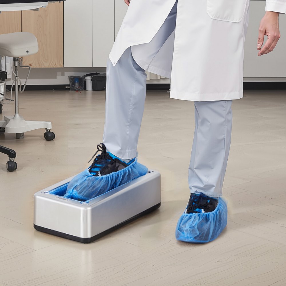 VEVOR Shoe Cover Dispenser, Automatic Shoe Covers Dispenser with 100 Pcs of Non-Slip Disposable Shoes Covers, Fits Size Up to US 11, for Home, Office, Lab, Factory, Hospital, Indoor Use, Silver