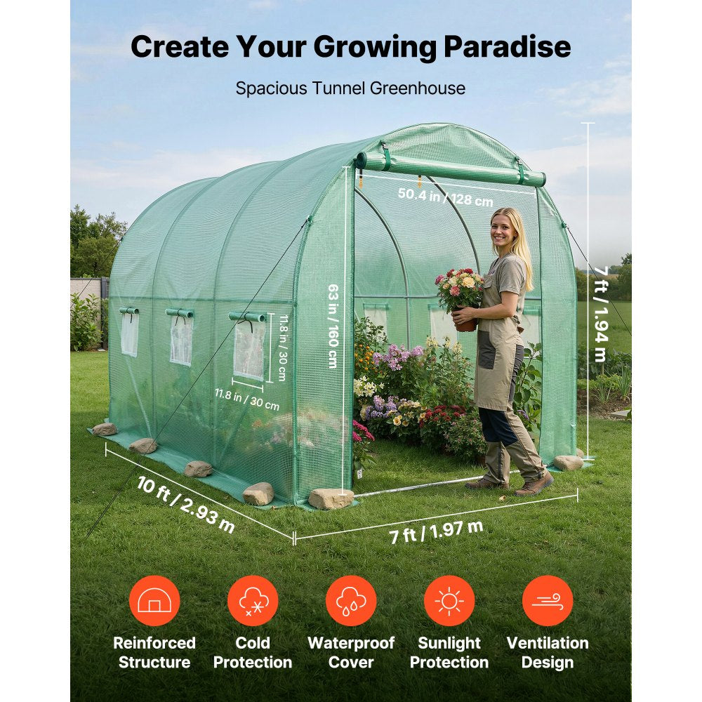 VEVOR Walk-in Tunnel Greenhouse, 10 x 7 x 7 ft Hoop House Greenhouse Tunnel, Plant Hot House with 4 Nozzles, 26.25 ft Hose, Steel Frame, PE Cover, Roll-up Zipper Door and 6 Windows for Outdoors, Green
