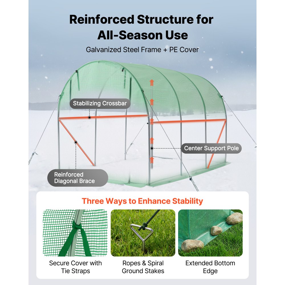 VEVOR Walk-in Tunnel Greenhouse, 10 x 7 x 7 ft Hoop House Greenhouse Tunnel, Plant Hot House with 4 Nozzles, 26.25 ft Hose, Steel Frame, PE Cover, Roll-up Zipper Door and 6 Windows for Outdoors, Green