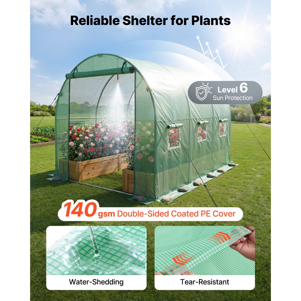 VEVOR Walk-in Tunnel Greenhouse, 10 x 7 x 7 ft Hoop House Greenhouse Tunnel, Plant Hot House with 4 Nozzles, 26.25 ft Hose, Steel Frame, PE Cover, Roll-up Zipper Door and 6 Windows for Outdoors, Green