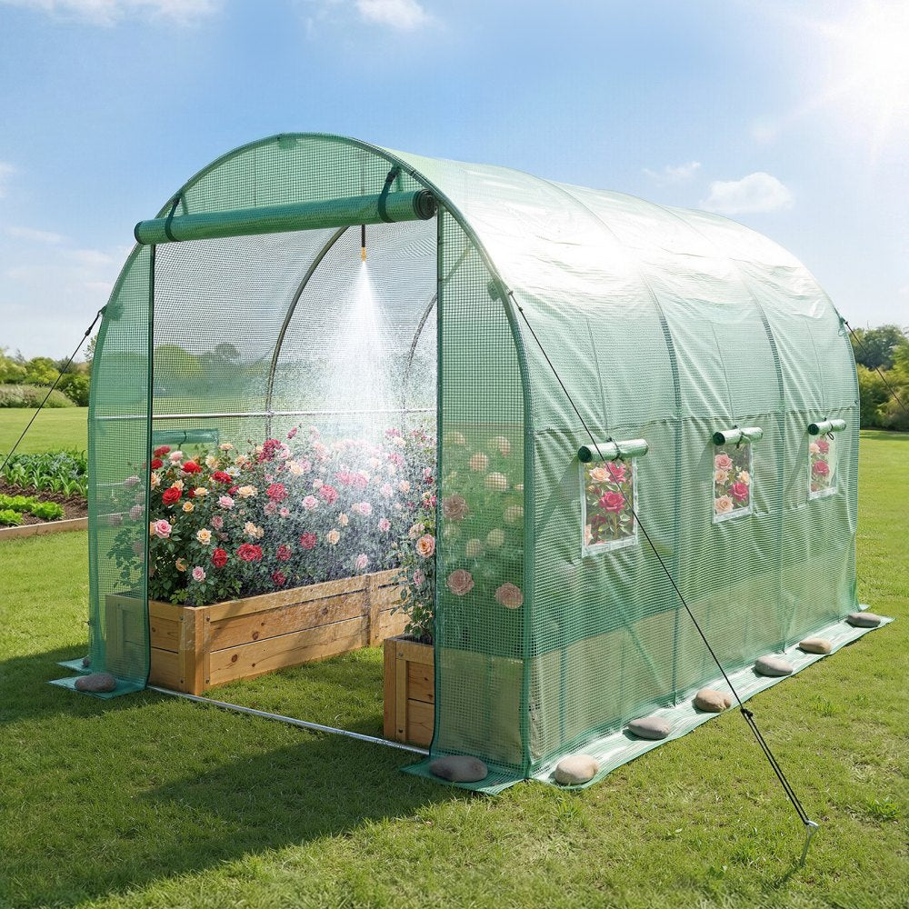 VEVOR Walk-in Tunnel Greenhouse, 10 x 7 x 7 ft Hoop House Greenhouse Tunnel, Plant Hot House with 4 Nozzles, 26.25 ft Hose, Steel Frame, PE Cover, Roll-up Zipper Door and 6 Windows for Outdoors, Green