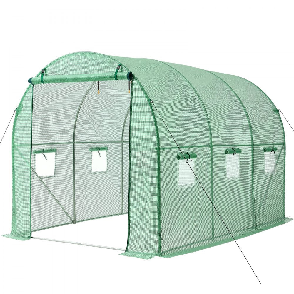 VEVOR Walk-in Tunnel Greenhouse, 10 x 7 x 7 ft Hoop House Greenhouse Tunnel, Plant Hot House with 4 Nozzles, 26.25 ft Hose, Steel Frame, PE Cover, Roll-up Zipper Door and 6 Windows for Outdoors, Green