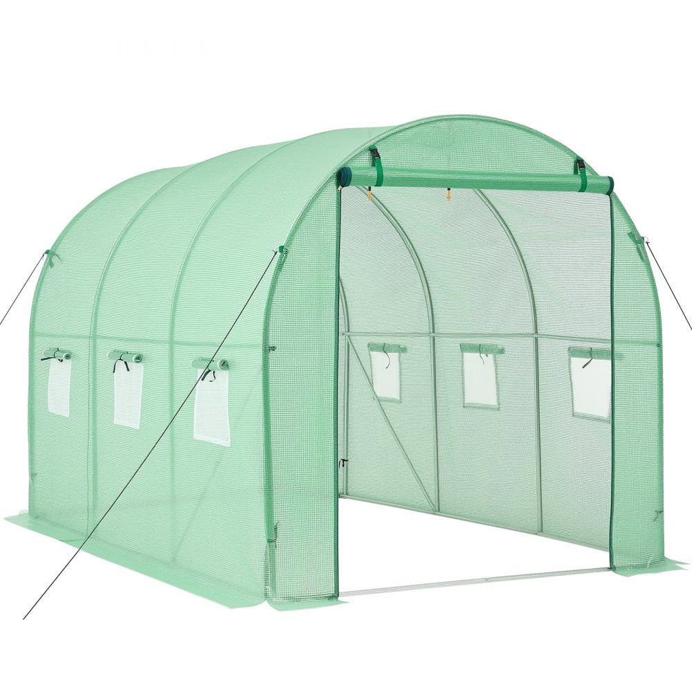 VEVOR Walk-in Tunnel Greenhouse, 10 x 7 x 7 ft Hoop House Greenhouse Tunnel, Plant Hot House with 4 Nozzles, 26.25 ft Hose, Steel Frame, PE Cover, Roll-up Zipper Door and 6 Windows for Outdoors, Green