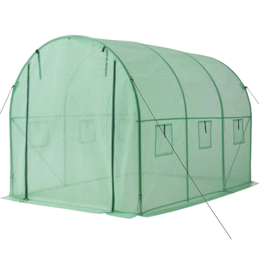 VEVOR Walk-in Tunnel Greenhouse, 10 x 7 x 7 ft Hoop House Greenhouse Tunnel, Plant Hot House with 4 Nozzles, 26.25 ft Hose, Steel Frame, PE Cover, Roll-up Zipper Door and 6 Windows for Outdoors, Green