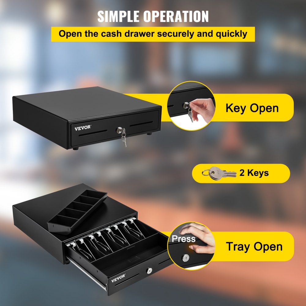 VEVOR Cash Register Drawer, 13\" 2 Unlocking Ways, Fully Removable Design with 4 Bill 5 Coin Cash Tray, 2 Keys Included, Compact Size Cash Registers for Supermarket, Bar, Coffee Shop, Restaurant