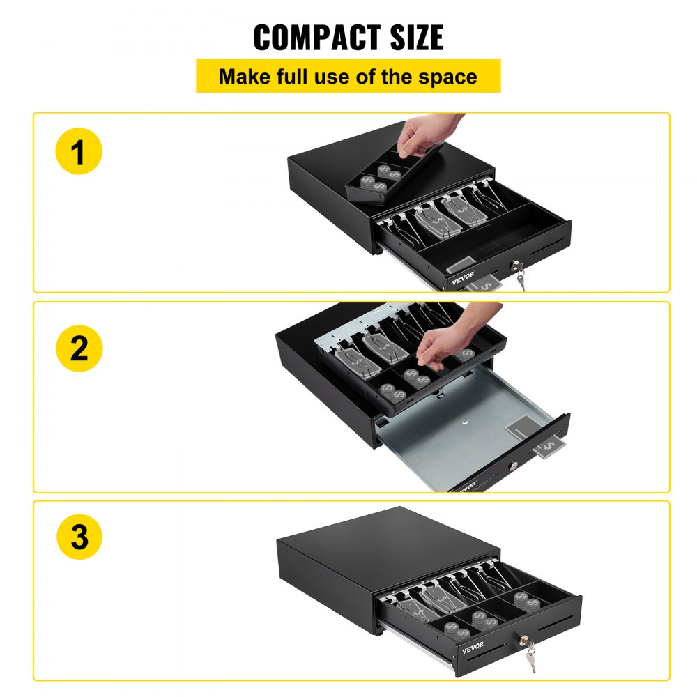 VEVOR Cash Register Drawer, 13\" 2 Unlocking Ways, Fully Removable Design with 4 Bill 5 Coin Cash Tray, 2 Keys Included, Compact Size Cash Registers for Supermarket, Bar, Coffee Shop, Restaurant