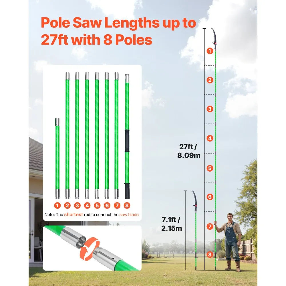 VEVOR Manual Pole Saw, 3.87-27 ft Extendable Pole Tree Pruner, Sharp 65Mn Steel Blade, Lightweight Fiberglass Handle Pole, Double-Hook Saw for High Branch Trimming, Pruning Tool for Palms, Shrubs