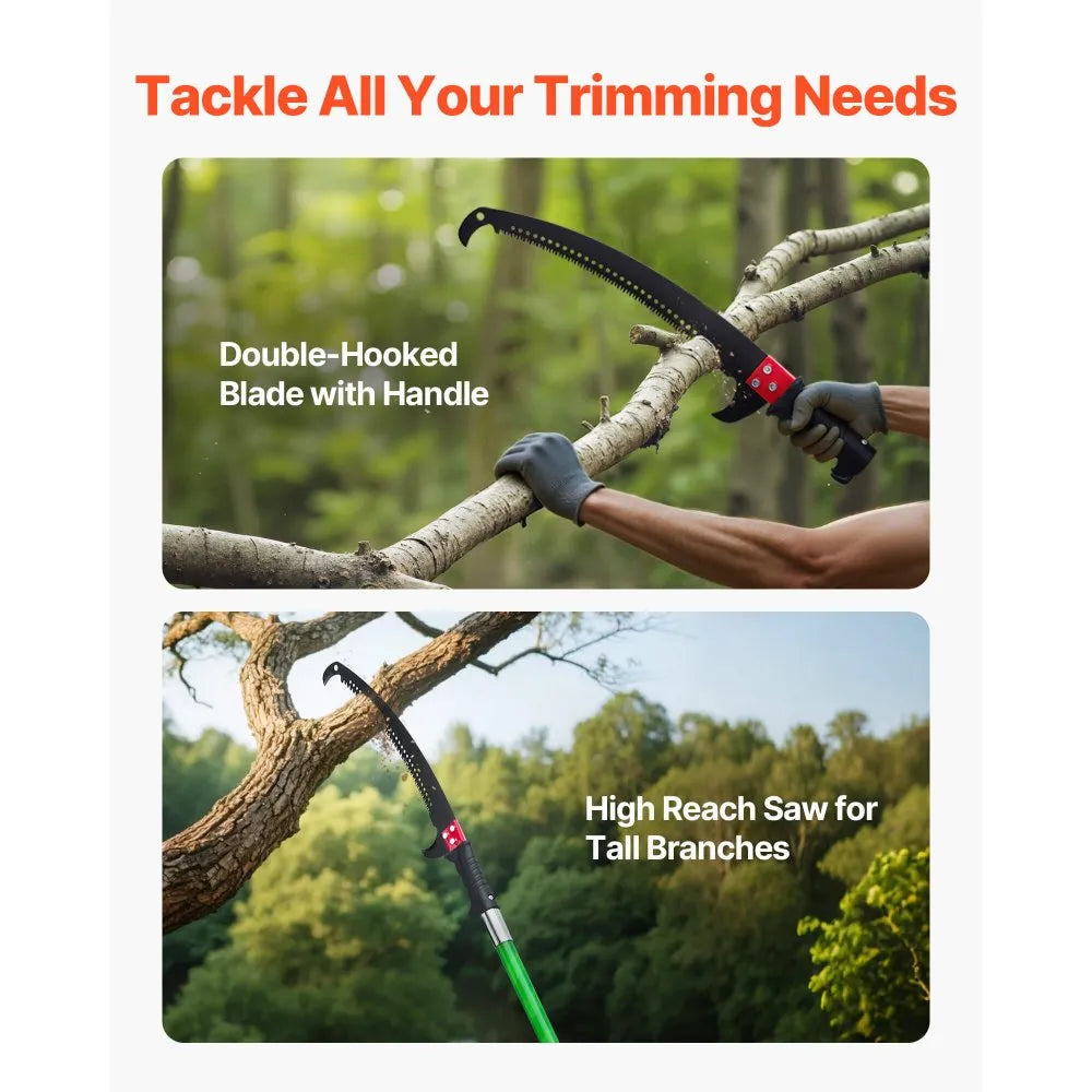 VEVOR Manual Pole Saw, 3.87-27 ft Extendable Pole Tree Pruner, Sharp 65Mn Steel Blade, Lightweight Fiberglass Handle Pole, Double-Hook Saw for High Branch Trimming, Pruning Tool for Palms, Shrubs