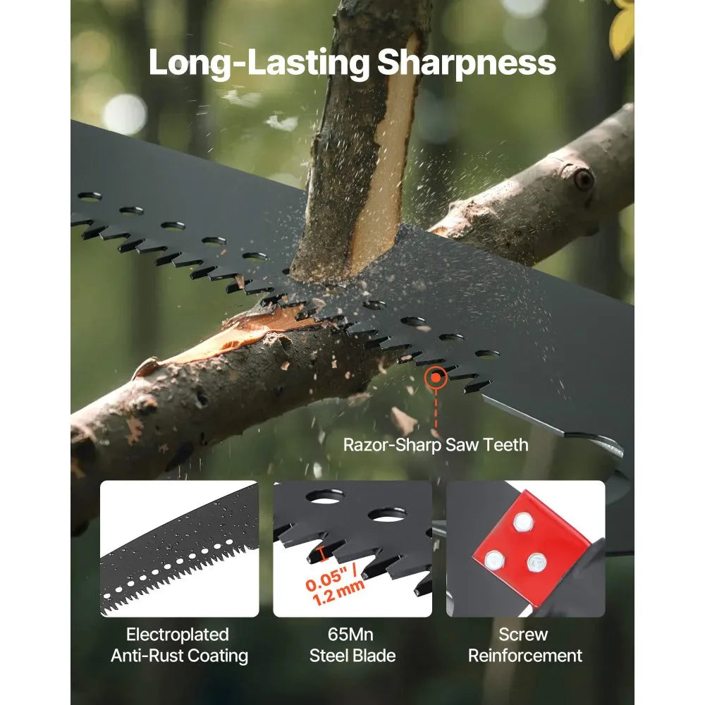 VEVOR Manual Pole Saw, 3.87-27 ft Extendable Pole Tree Pruner, Sharp 65Mn Steel Blade, Lightweight Fiberglass Handle Pole, Double-Hook Saw for High Branch Trimming, Pruning Tool for Palms, Shrubs