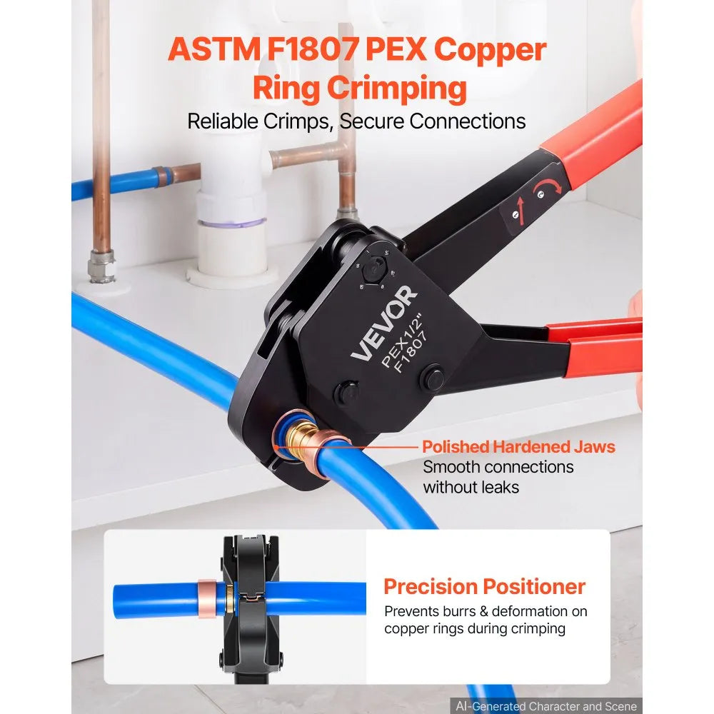 VEVOR Angle Head PEX Crimping Tool Kit for 1/2" & 3/4" Copper Crimp Rings, Copper Ring Cinch Removal Tool with PEX Tubing Cutter, Copper Ring Cutter, Go/No-Go Gauge & Toolbox, Meet ASTM F1807 Standard