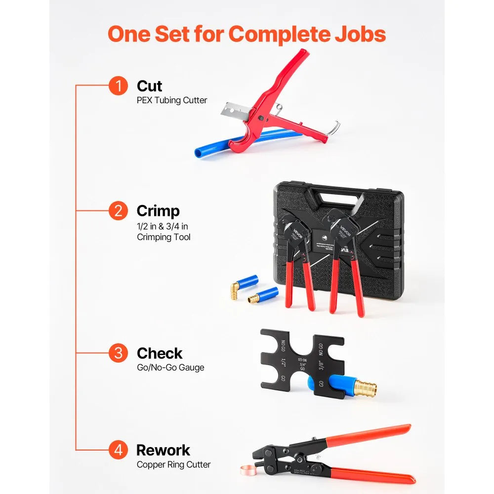 VEVOR Angle Head PEX Crimping Tool Kit for 1/2" & 3/4" Copper Crimp Rings, Copper Ring Cinch Removal Tool with PEX Tubing Cutter, Copper Ring Cutter, Go/No-Go Gauge & Toolbox, Meet ASTM F1807 Standard