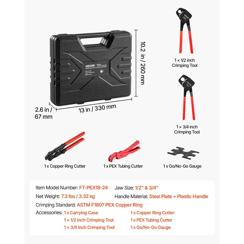 VEVOR Angle Head PEX Crimping Tool Kit for 1/2" & 3/4" Copper Crimp Rings, Copper Ring Cinch Removal Tool with PEX Tubing Cutter, Copper Ring Cutter, Go/No-Go Gauge & Toolbox, Meet ASTM F1807 Standard