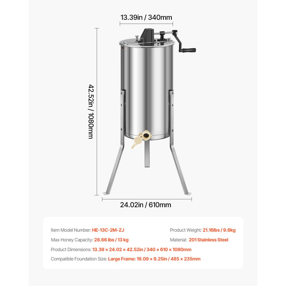 VEVOR Honey Extractor, 2 Frame Manual Honey Spinner with Transparent Lid, Stainless Steel Honeycomb Drum Spinner with Height Adjustable Stand, Honeycomb Extraction Centrifuge Equipment for Beekeeping