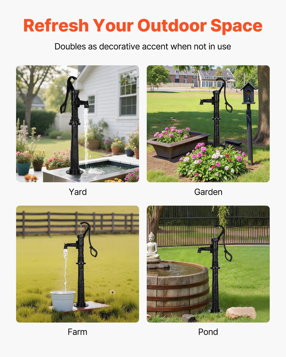 VEVOR Well Hand Pitcher Pump, 20 ft Max Lift, Antique Cast Iron Manual Hand Water Pump with Heightening Base, NPT 1-1/4 in Connection, Easy Installation, for Outdoor Garden, Pond, Yard, Farm, Black
