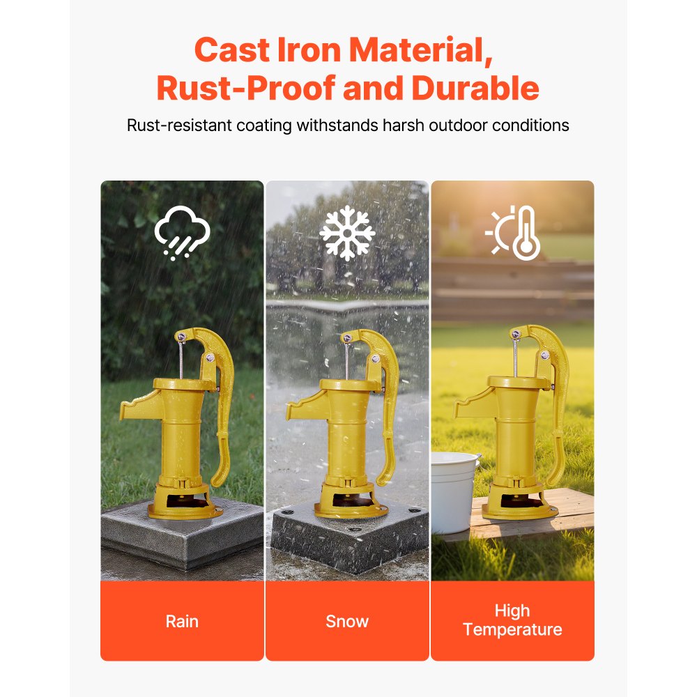 VEVOR Well Hand Pitcher Pump, 25 ft Maximum Lift, Antique Cast Iron Manual Hand Water Pump, NPT 1-1/4 in Connection, Easy Installation, Old Fashioned for Outdoor Garden, Pond, Backyard, Farm, Yellow