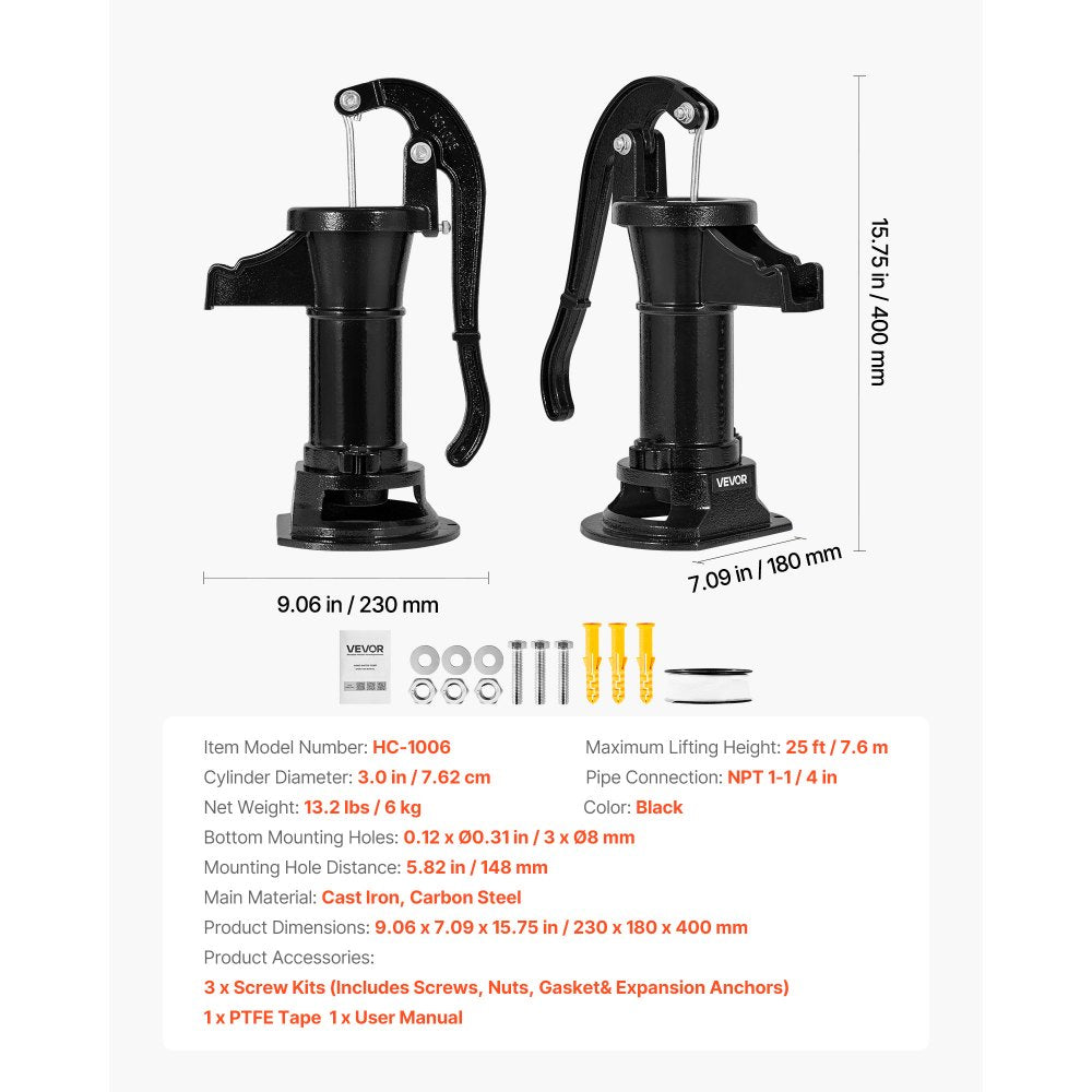 VEVOR Well Hand Pitcher Pump, 25 ft Maximum Lift, Antique Cast Iron Manual Hand Water Pump, NPT 1-1/4 in Connection, Easy Installation, Old Fashioned for Outdoor Garden, Pond, Backyard, Farm, Black