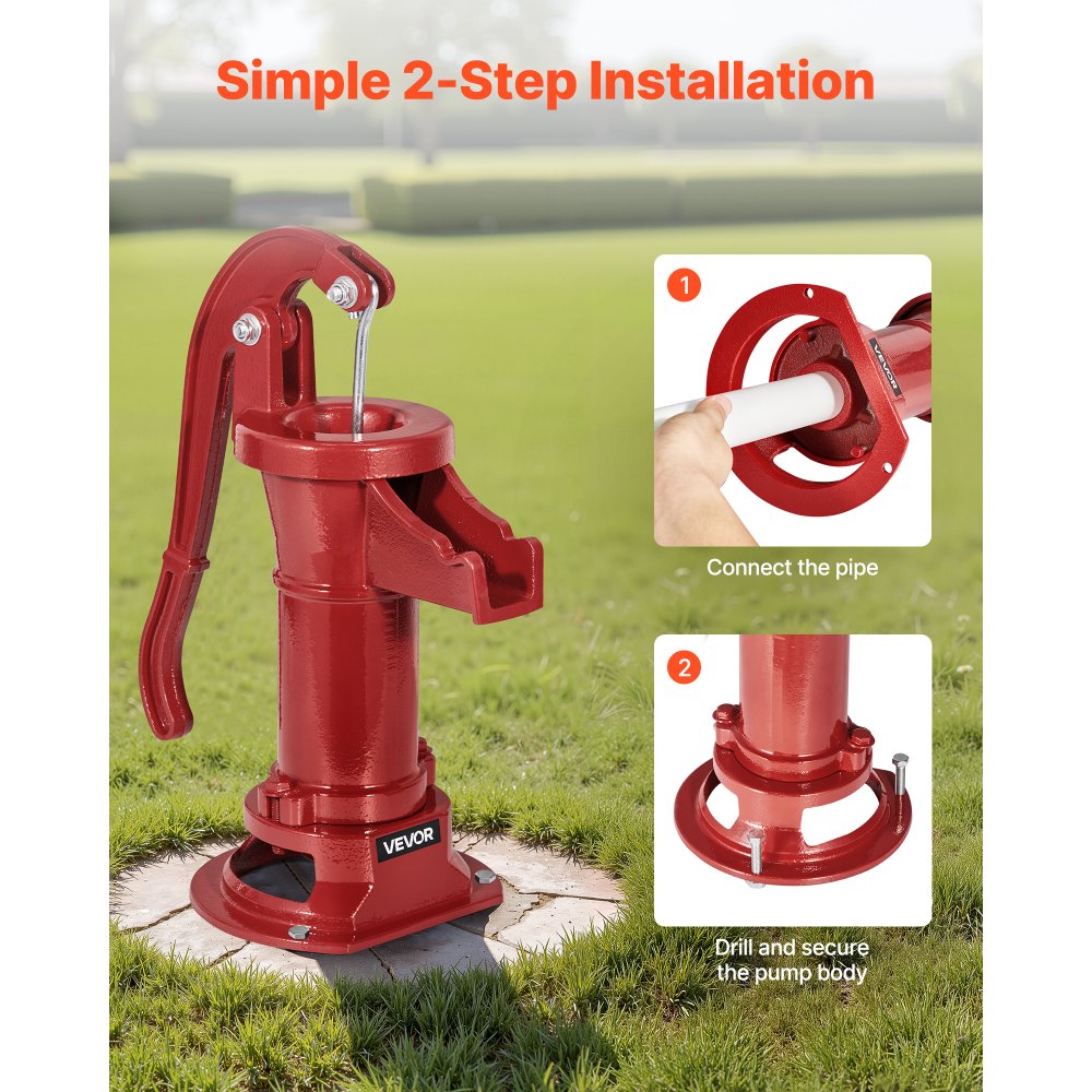 VEVOR Well Hand Pitcher Pump, 25 ft Maximum Lift, Antique Cast Iron Manual Hand Water Pump, NPT 1-1/4 in Connection, Easy Installation, Old Fashioned for Outdoor Garden, Pond, Backyard, Farm, Red